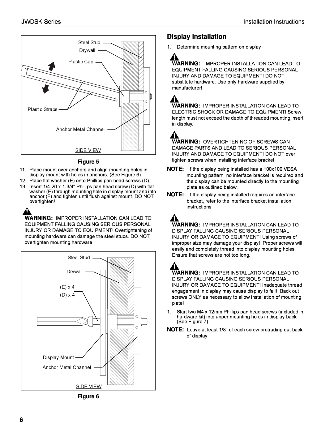 Chief Manufacturing installation instructions Display Installation, JWDSK Series, Installation Instructions 