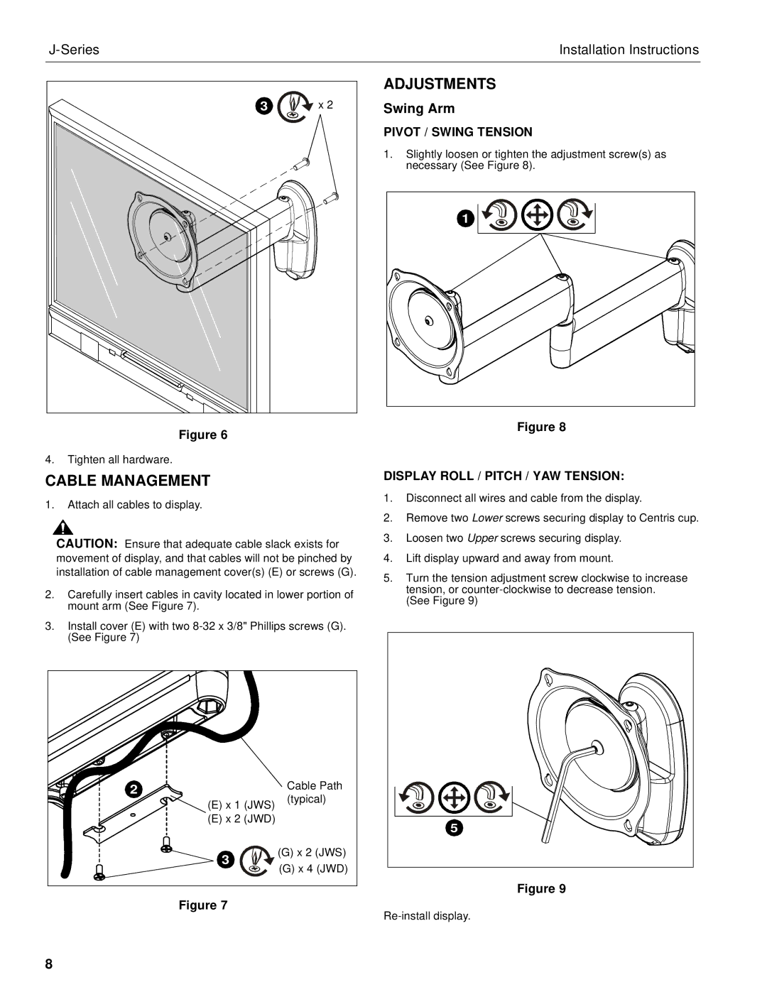 Chief Manufacturing JWD, JWP, JWS installation instructions Adjustments, Cable Management 