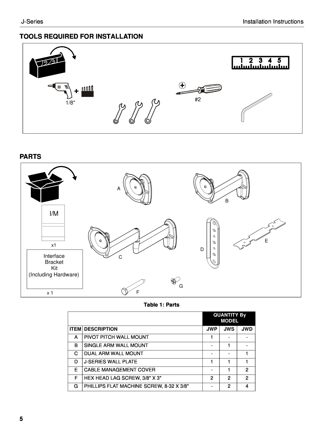 Chief Manufacturing JWD Tools Required For Installation, Parts, QUANTITY By, Model, J-Series, Installation Instructions 