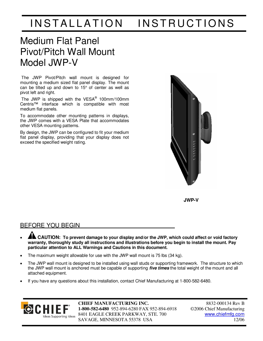 Chief Manufacturing JWP-V installation instructions Installation I N S T R U C T I O N S 