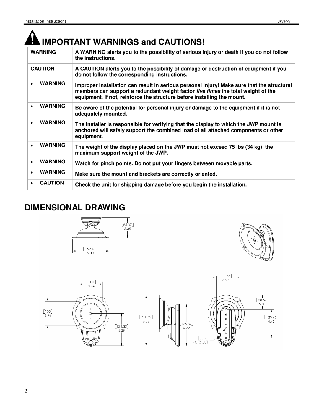 Chief Manufacturing JWP-V installation instructions Important Warnings and Cautions, Dimensional Drawing 