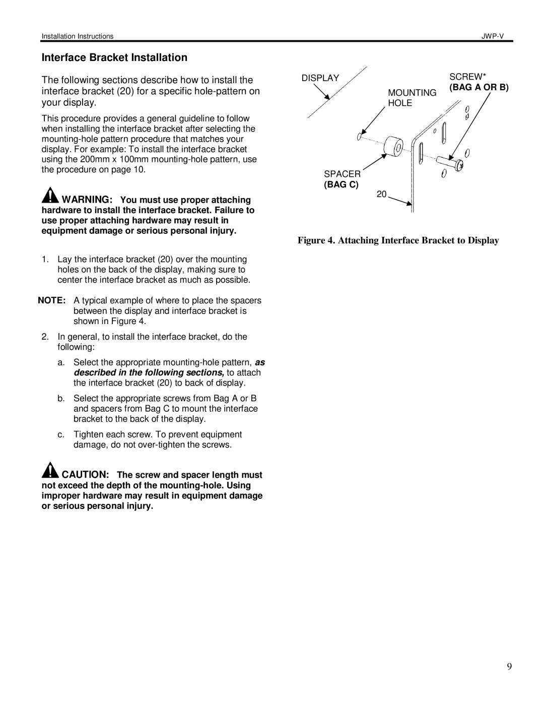 Chief Manufacturing JWP-V installation instructions Interface Bracket Installation, Attaching Interface Bracket to Display 