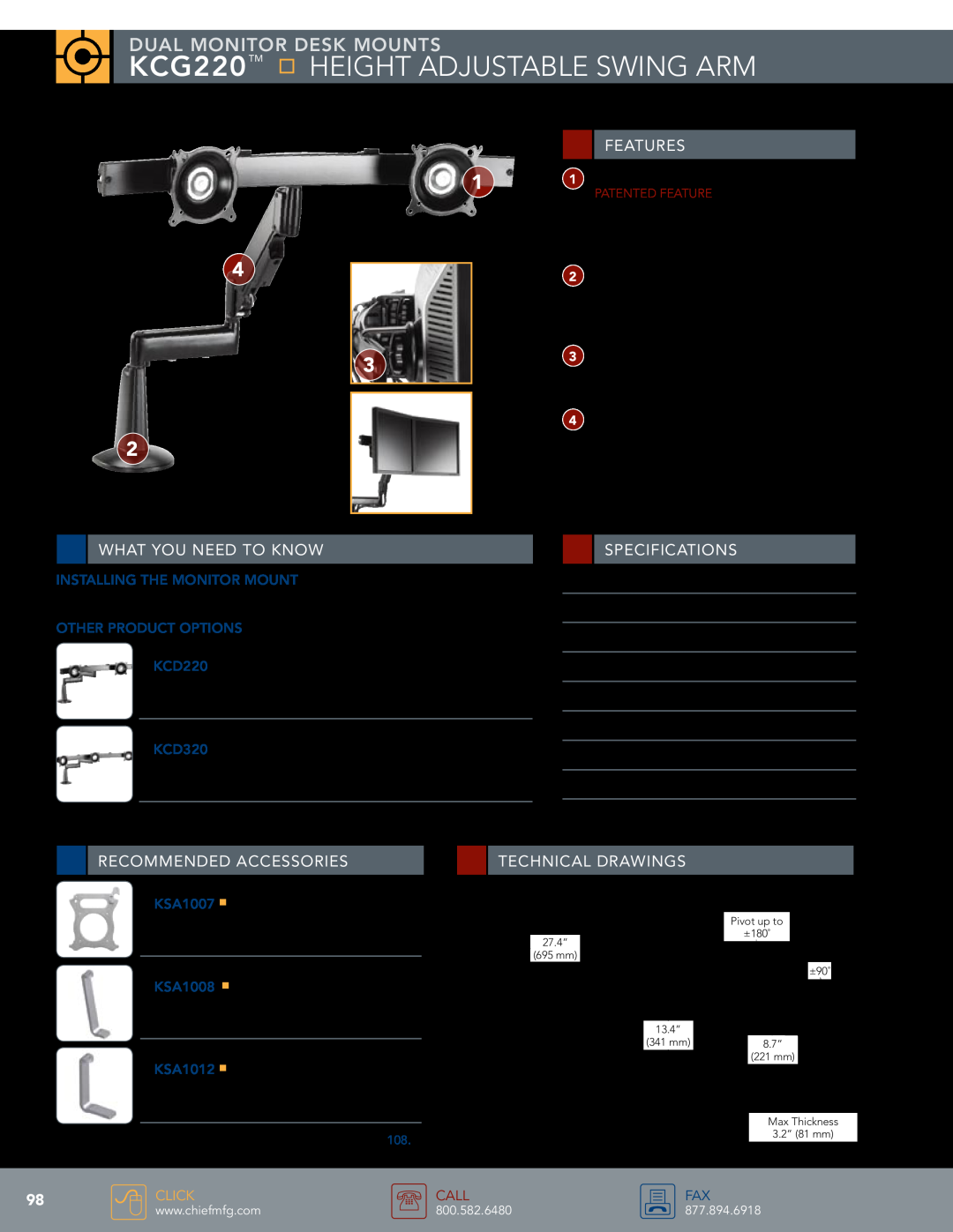 Chief Manufacturing specifications KCG220 Height Adjustable Swing Arm, Dual monitor Desk mounts, Features, KCD320, Call 