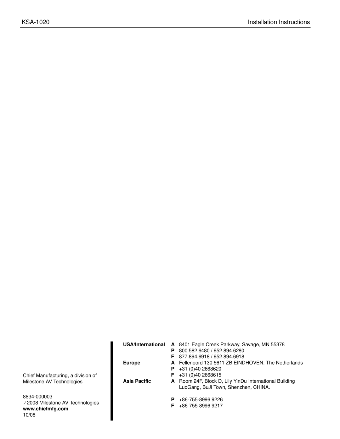 Chief Manufacturing KSA-1020 installation instructions +31 040 