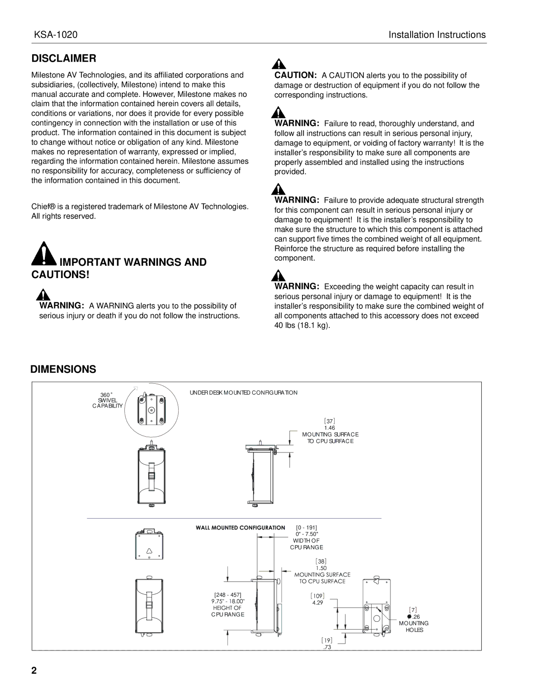 Chief Manufacturing KSA-1020 installation instructions Disclaimer, Important Warnings and Cautions 