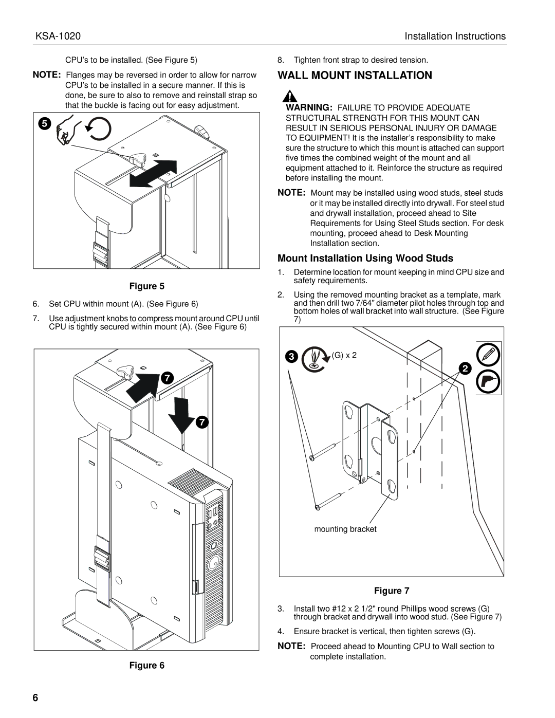 Chief Manufacturing KSA-1020 installation instructions Wall Mount Installation, Mount Installation Using Wood Studs 