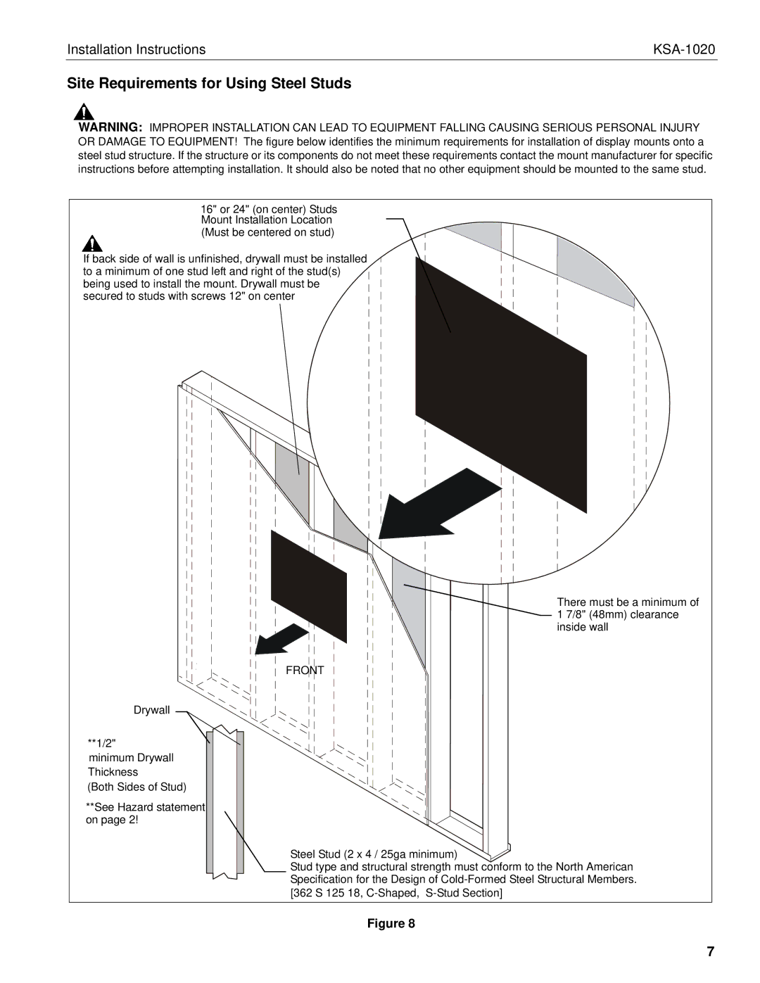 Chief Manufacturing KSA-1020 installation instructions Site Requirements for Using Steel Studs 