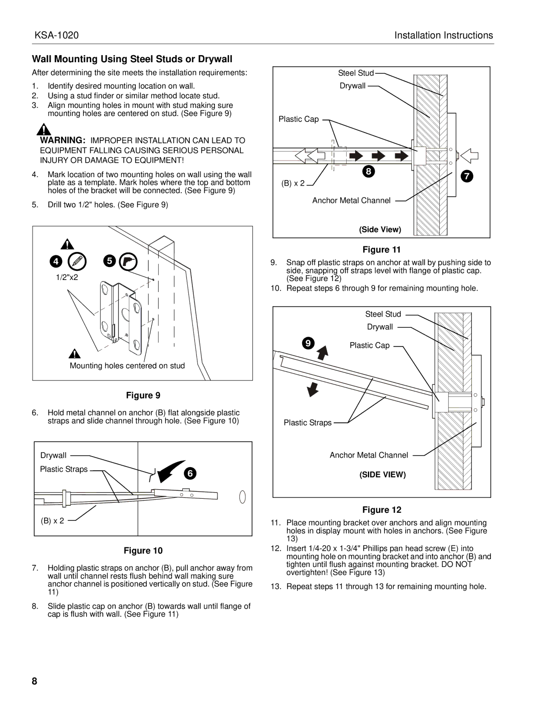 Chief Manufacturing KSA-1020 installation instructions Wall Mounting Using Steel Studs or Drywall, Side View 