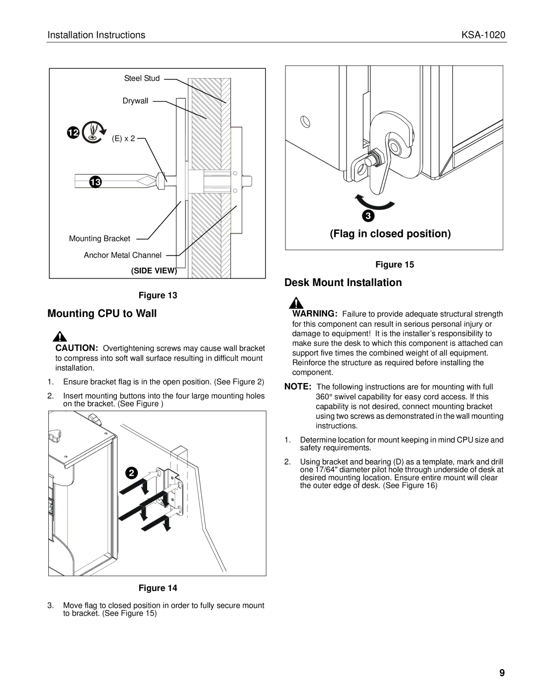 Chief Manufacturing KSA-1020 installation instructions Mounting CPU to Wall 