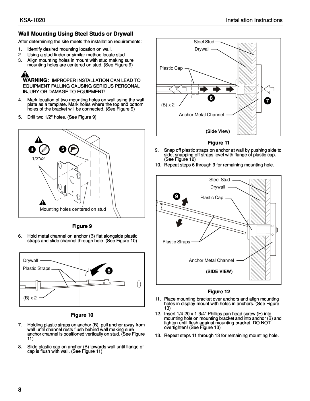 Chief Manufacturing KSA-1020 Installation Instructions, Wall Mounting Using Steel Studs or Drywall 