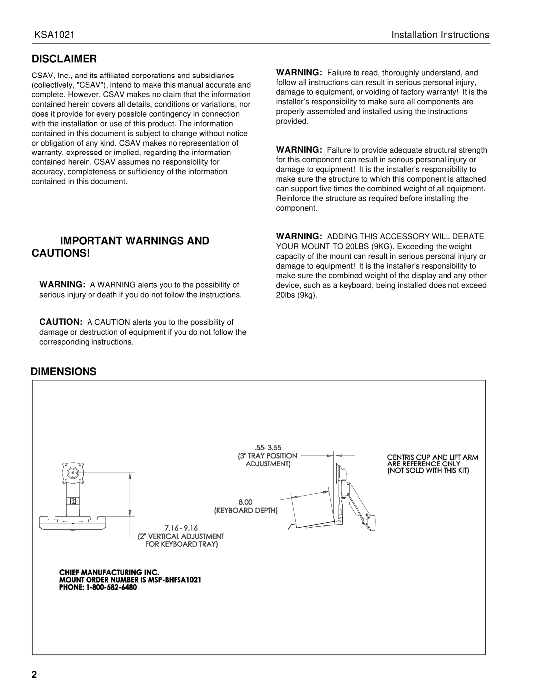 Chief Manufacturing KSA1021 installation instructions Disclaimer, Important Warnings and Cautions 