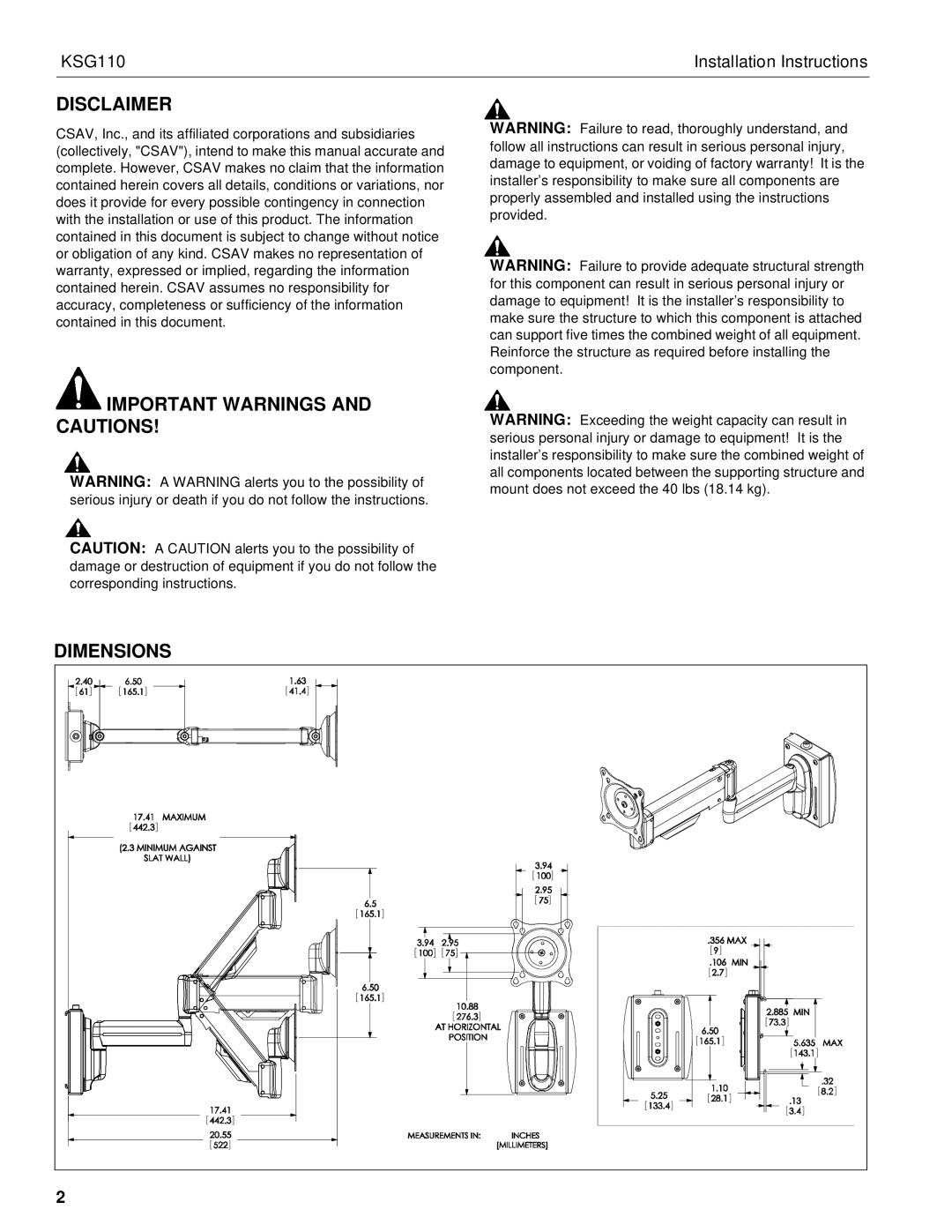 Chief Manufacturing KSG110 installation instructions Disclaimer 