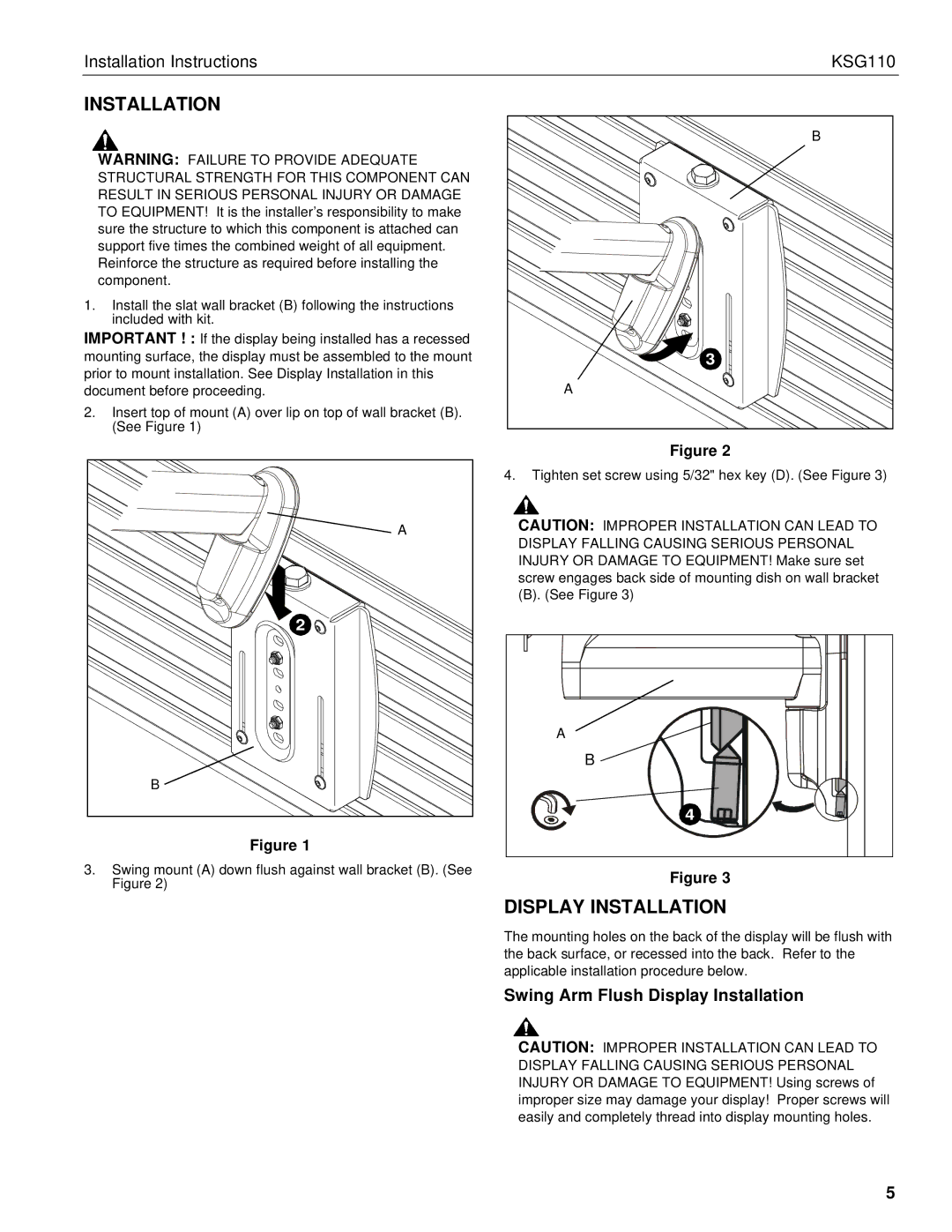 Chief Manufacturing KSG110 installation instructions Swing Arm Flush Display Installation 