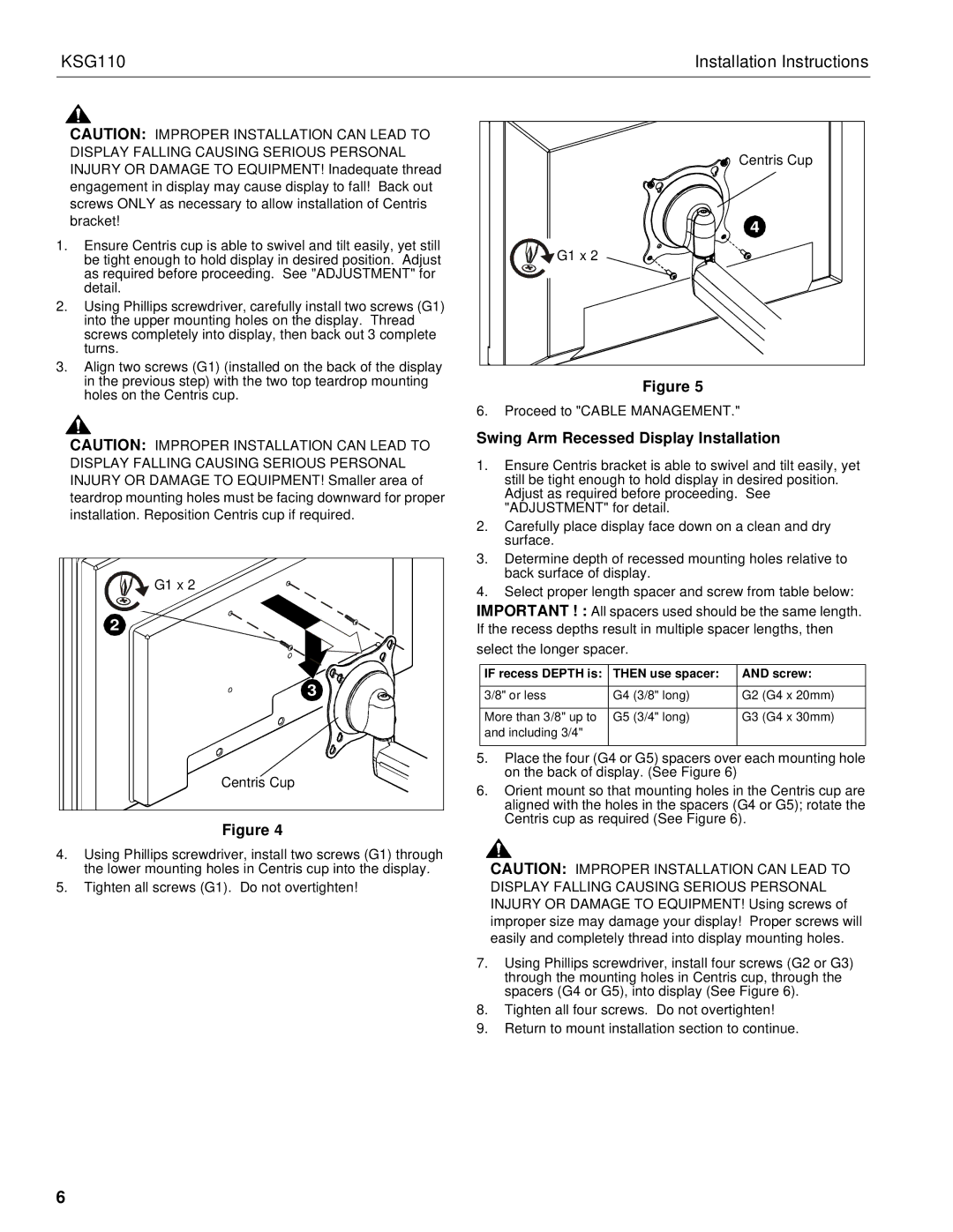 Chief Manufacturing KSG110 Swing Arm Recessed Display Installation, If recess Depth is Then use spacer Screw 