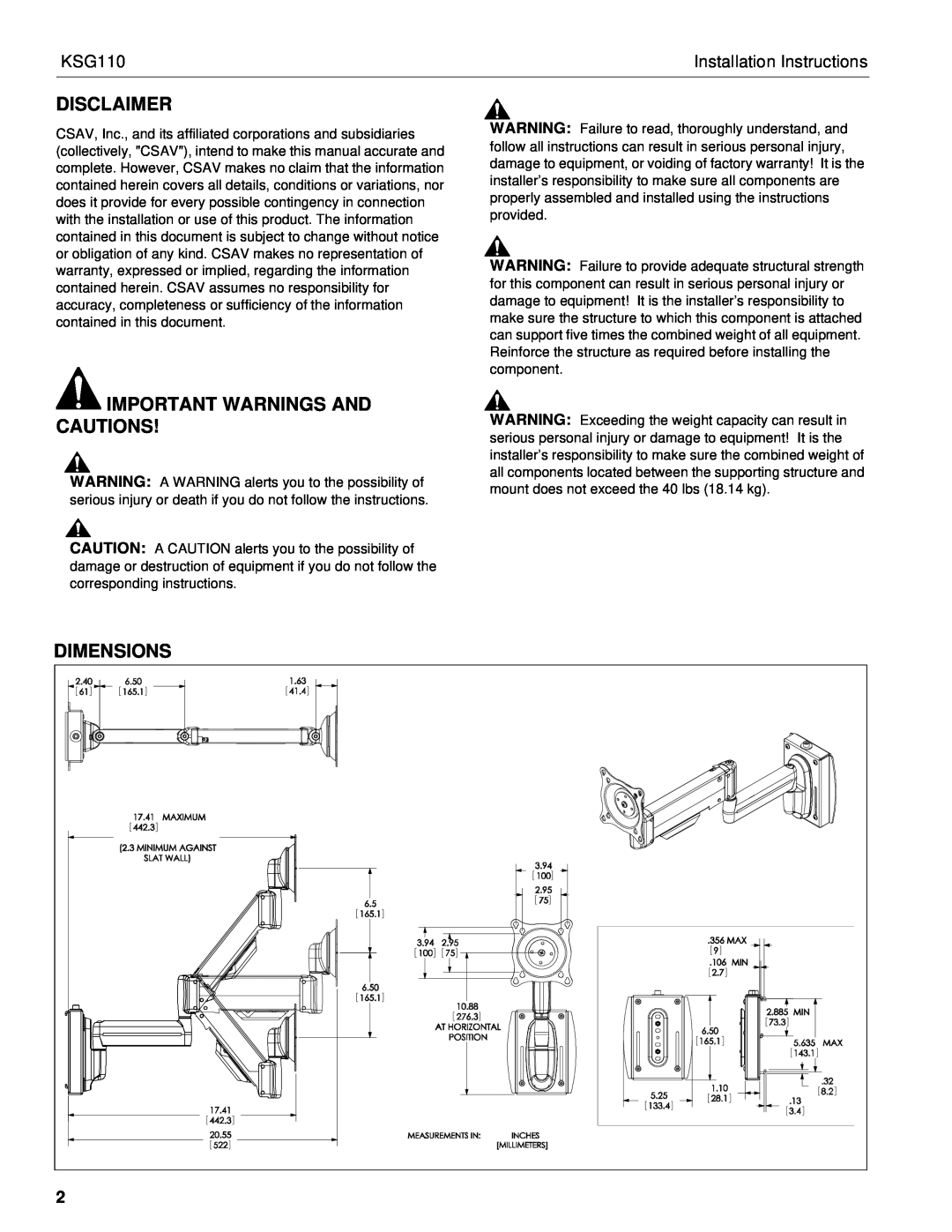 Chief Manufacturing KSG110 Disclaimer, Important Warnings And Cautions, Installation Instructions, Dimensions 