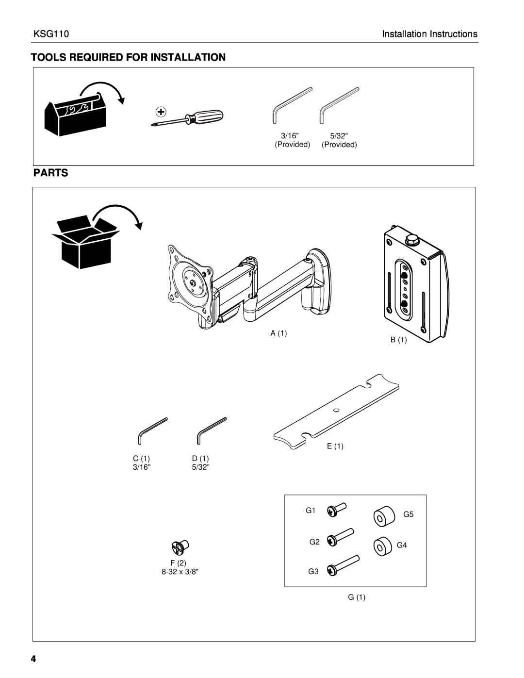 Chief Manufacturing KSG110 installation instructions Tools Required For Installation, Parts, Installation Instructions 