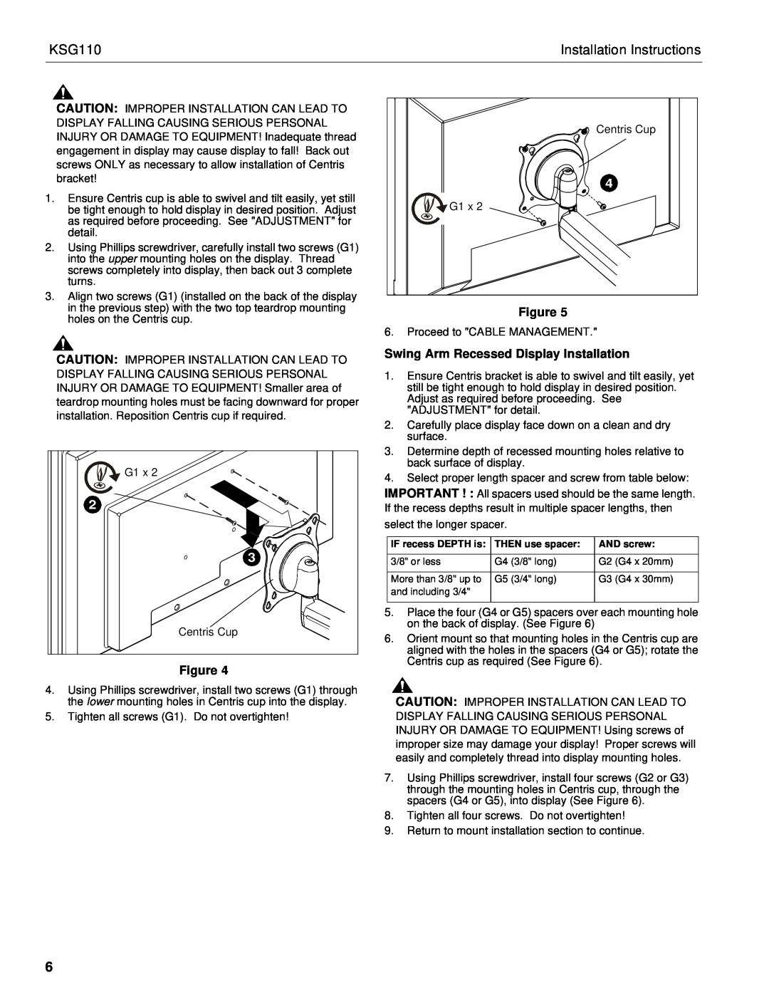 Chief Manufacturing KSG110 installation instructions Swing Arm Recessed Display Installation, Installation Instructions 