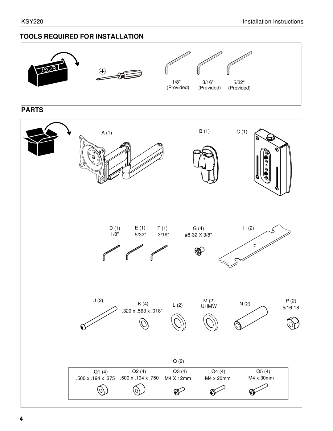 Chief Manufacturing KSY220 installation instructions Tools Required for Installation, Parts 