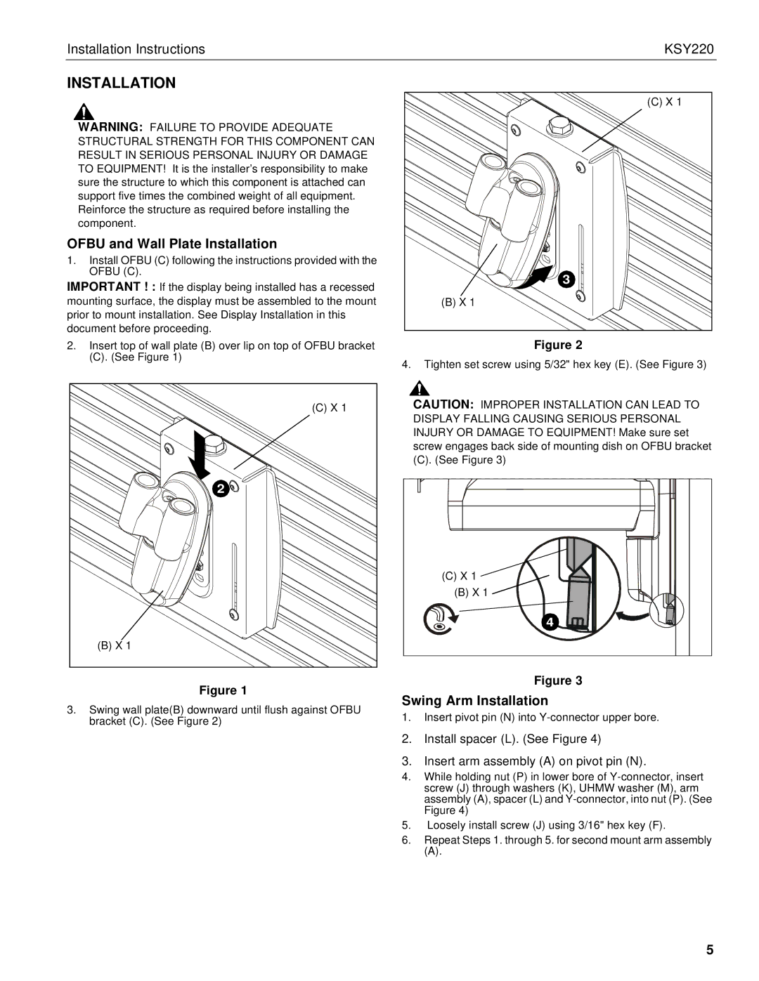 Chief Manufacturing KSY220 installation instructions Ofbu and Wall Plate Installation, Swing Arm Installation 