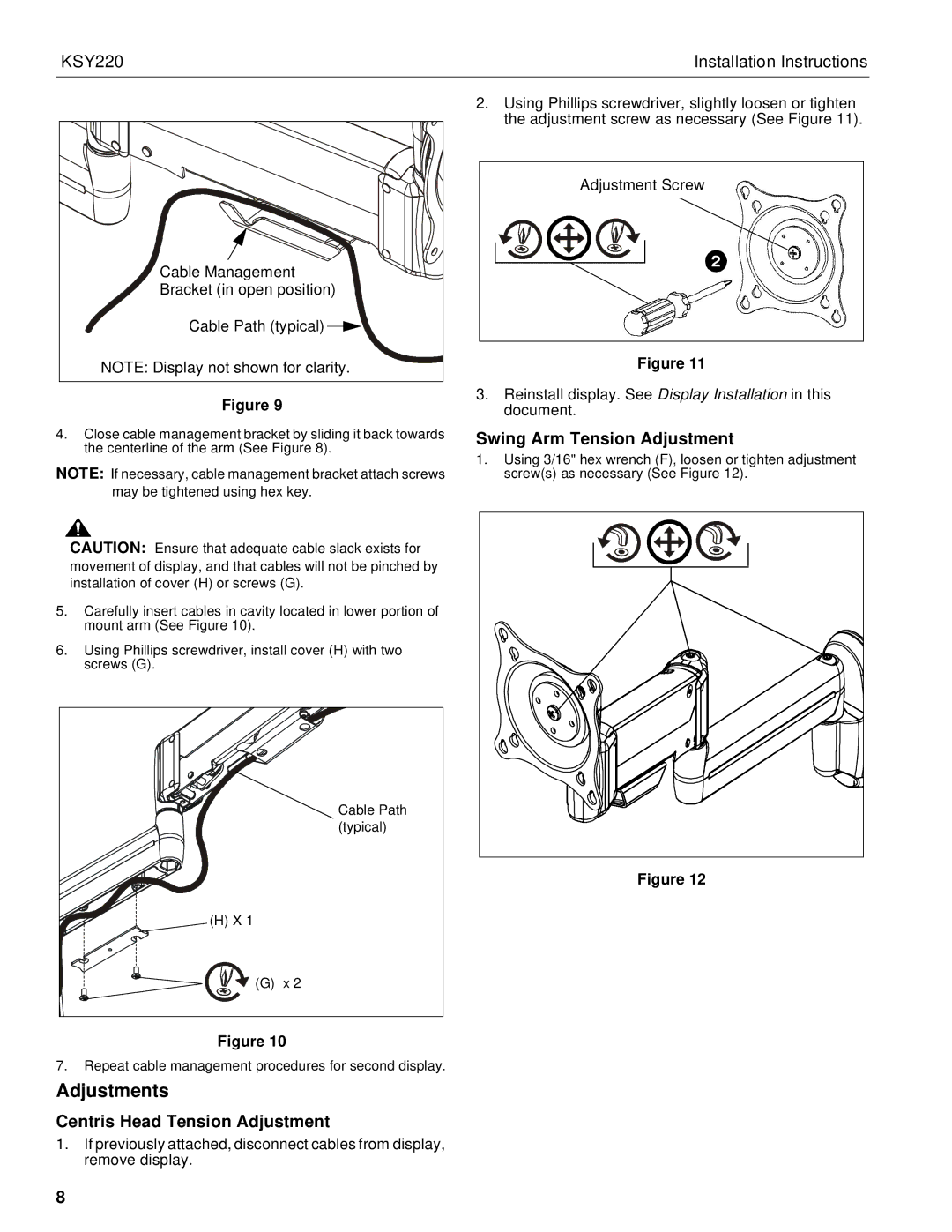 Chief Manufacturing KSY220 installation instructions Centris Head Tension Adjustment, Swing Arm Tension Adjustment 