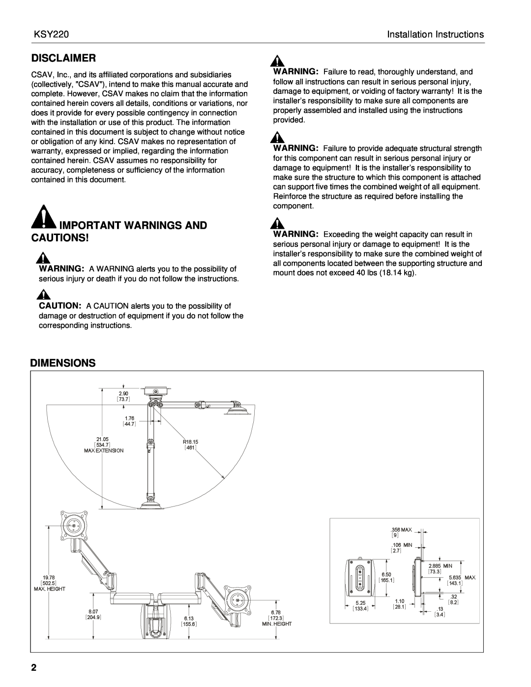 Chief Manufacturing KSY220 Disclaimer, Important Warnings And Cautions, Installation Instructions, Dimensions 