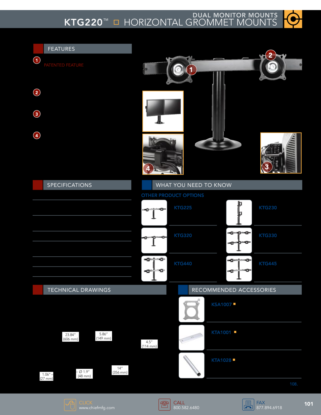Chief Manufacturing specifications KTG220 HOrizontal Grommet Mounts, Dual Monitor mounts, Features, Specifications 