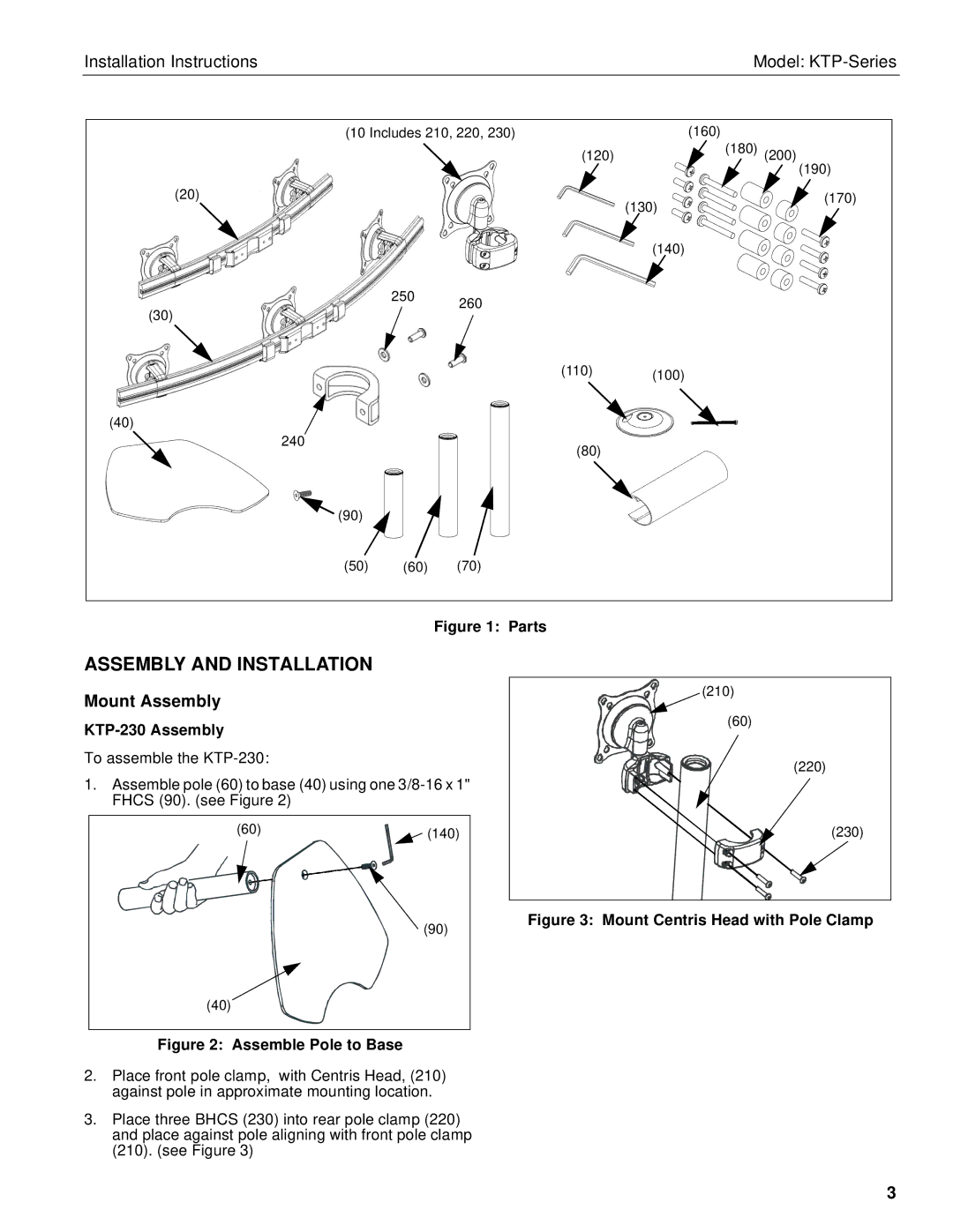 Chief Manufacturing KTP-Series installation instructions Assembly and Installation, Mount Assembly, KTP-230 Assembly 