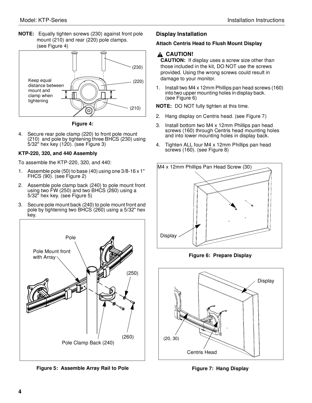 Chief Manufacturing KTP-Series installation instructions Display Installation, KTP-220, 320, and 440 Assembly 