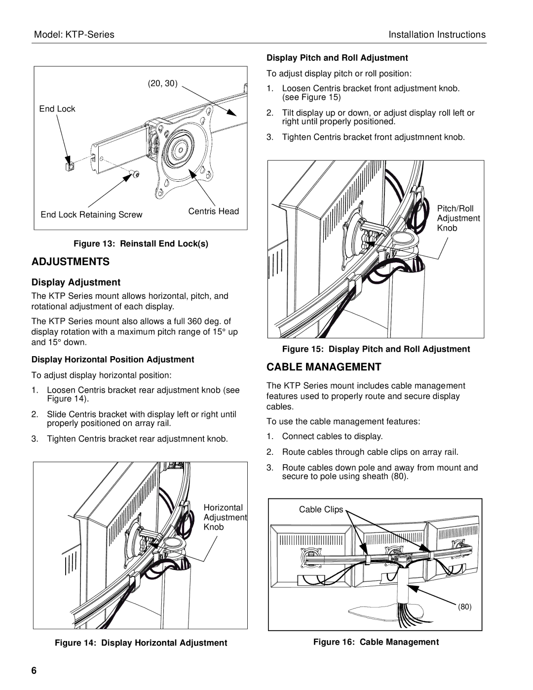 Chief Manufacturing KTP-Series Adjustments, Cable Management, Display Adjustment, Display Horizontal Position Adjustment 