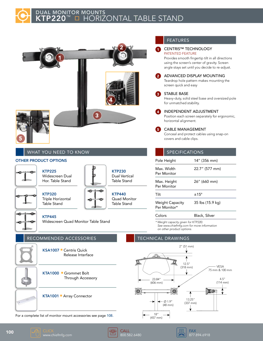 Chief Manufacturing specifications KTP220 Horizontal Table Stand 