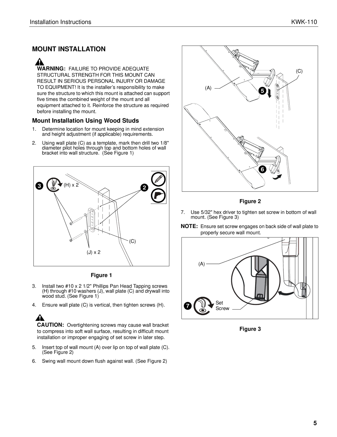 Chief Manufacturing KWK-110 installation instructions Mount Installation Using Wood Studs 