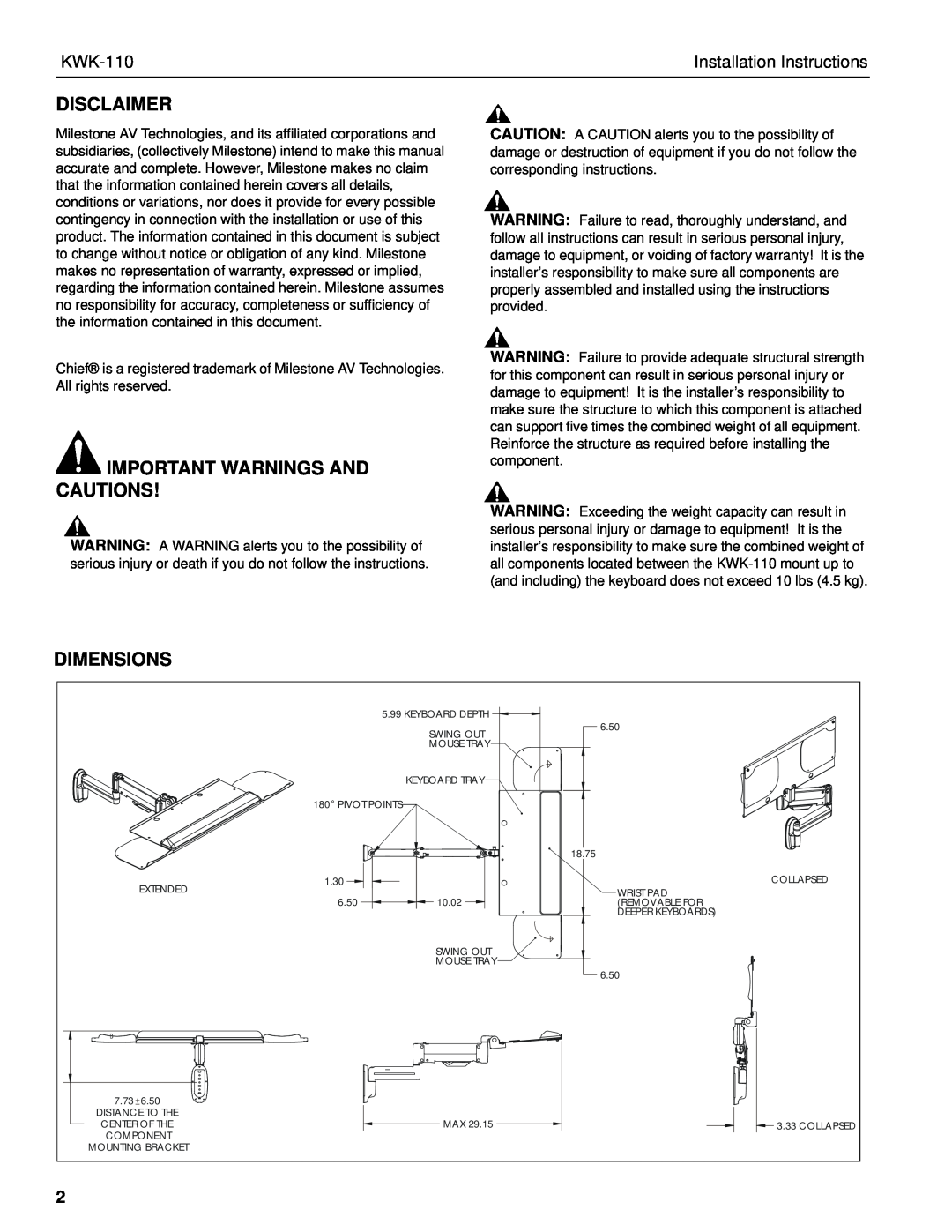 Chief Manufacturing KWK-110 Disclaimer, Important Warnings And Cautions, Installation Instructions, Dimensions 
