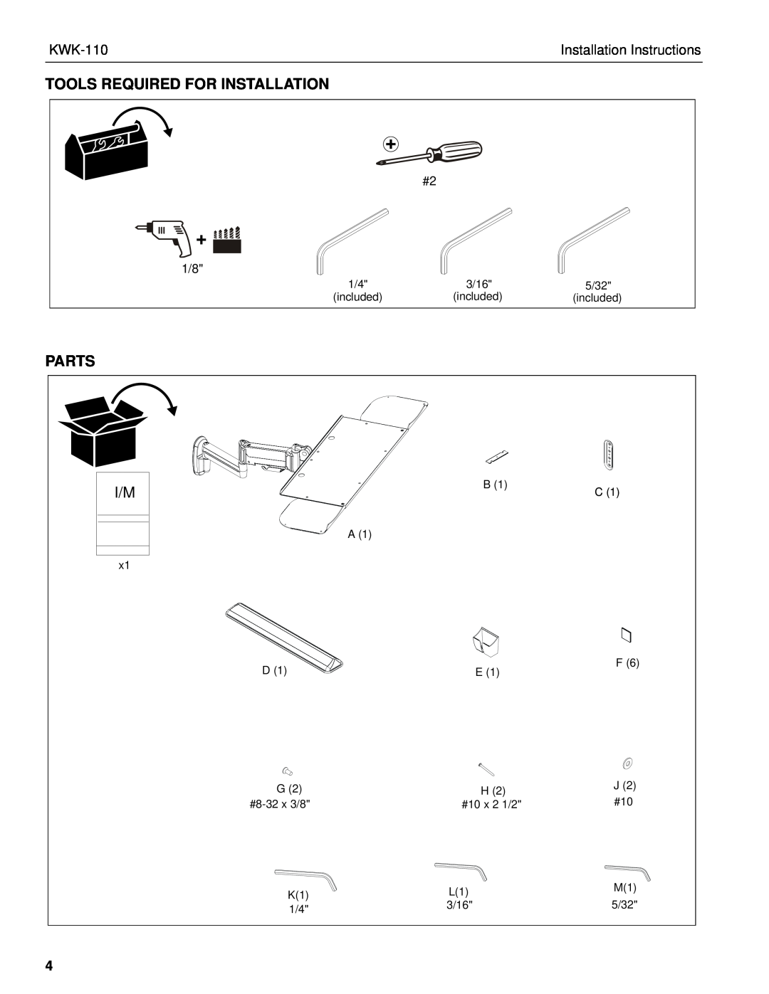 Chief Manufacturing KWK-110 installation instructions Tools Required For Installation, Parts, Installation Instructions 
