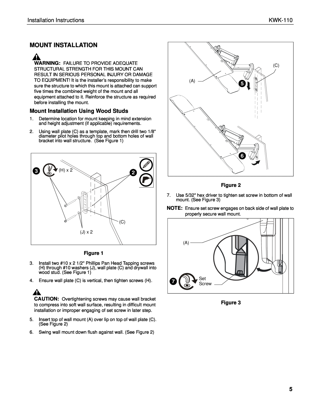 Chief Manufacturing KWK-110 installation instructions Installation Instructions, Mount Installation Using Wood Studs 