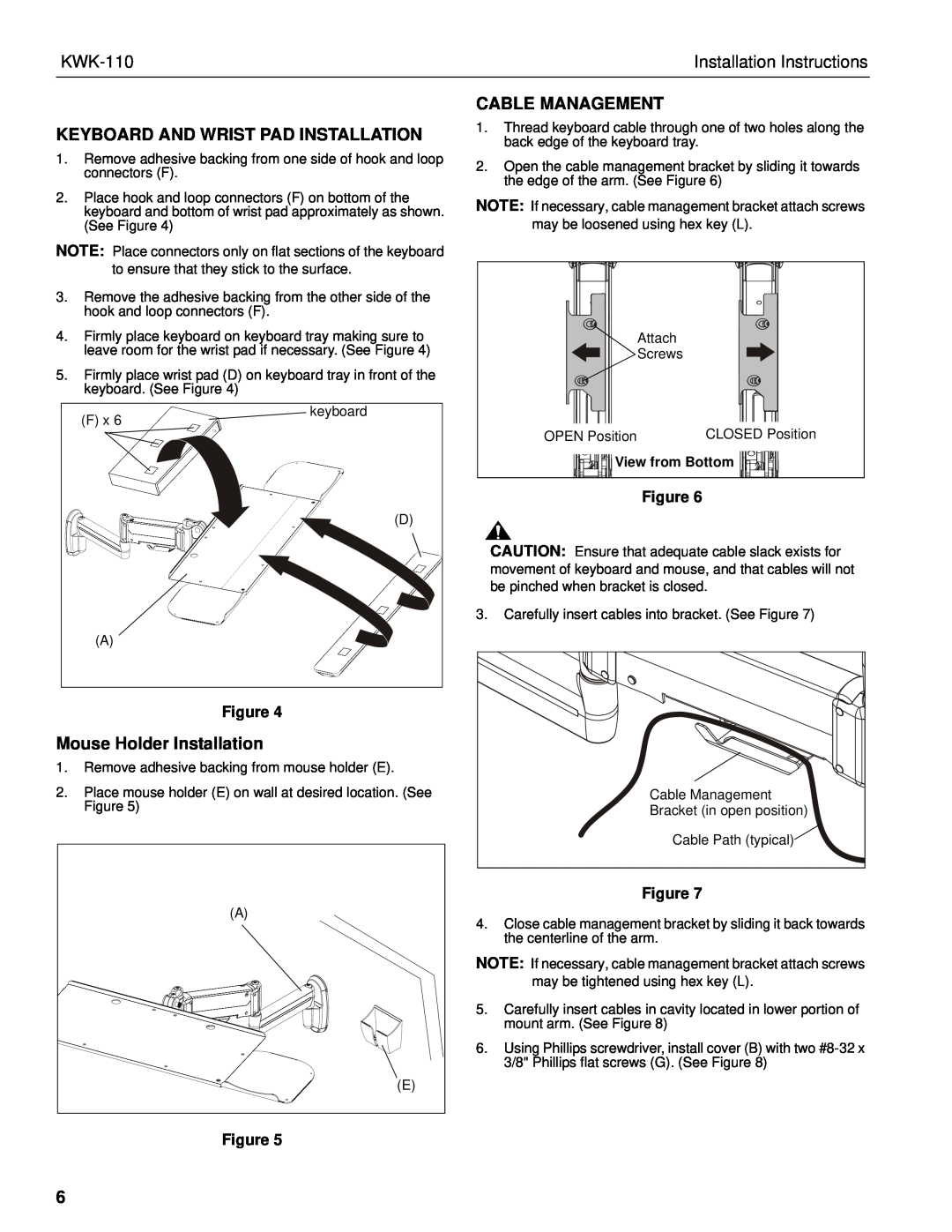 Chief Manufacturing KWK-110 Installation Instructions, Keyboard And Wrist Pad Installation, Mouse Holder Installation 