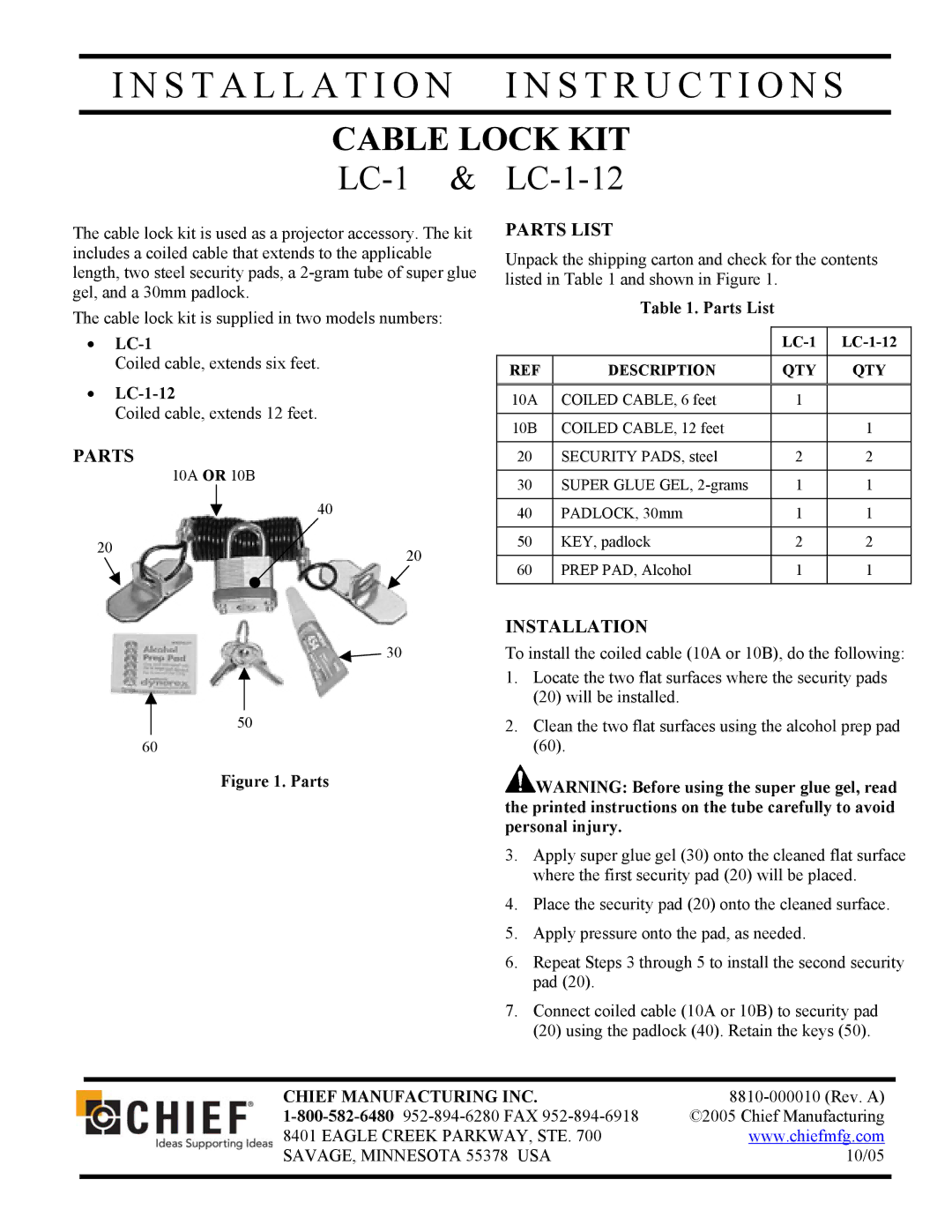 Chief Manufacturing installation instructions Installation I N S T R U C T I O N S, Cable Lock KIT, LC-1 & LC-1-12 