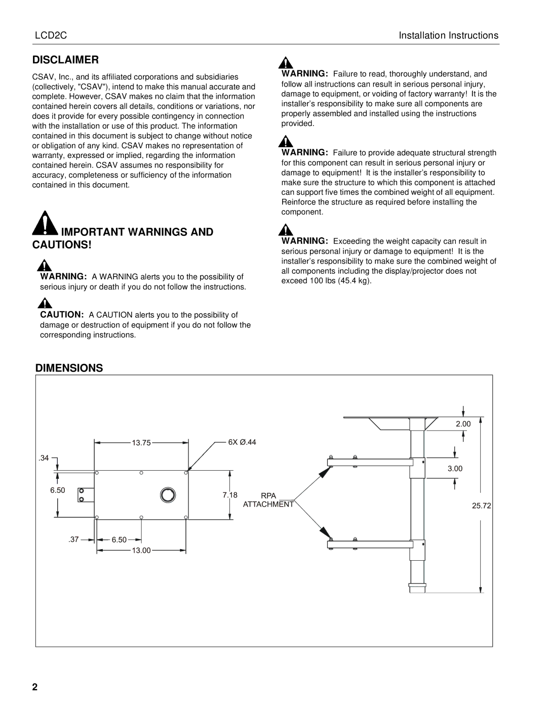 Chief Manufacturing LCD2C installation instructions Disclaimer, Important Warnings and Cautions Dimensions 