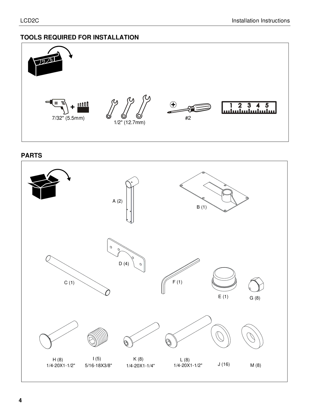 Chief Manufacturing LCD2C installation instructions Tools Required for Installation, Parts 