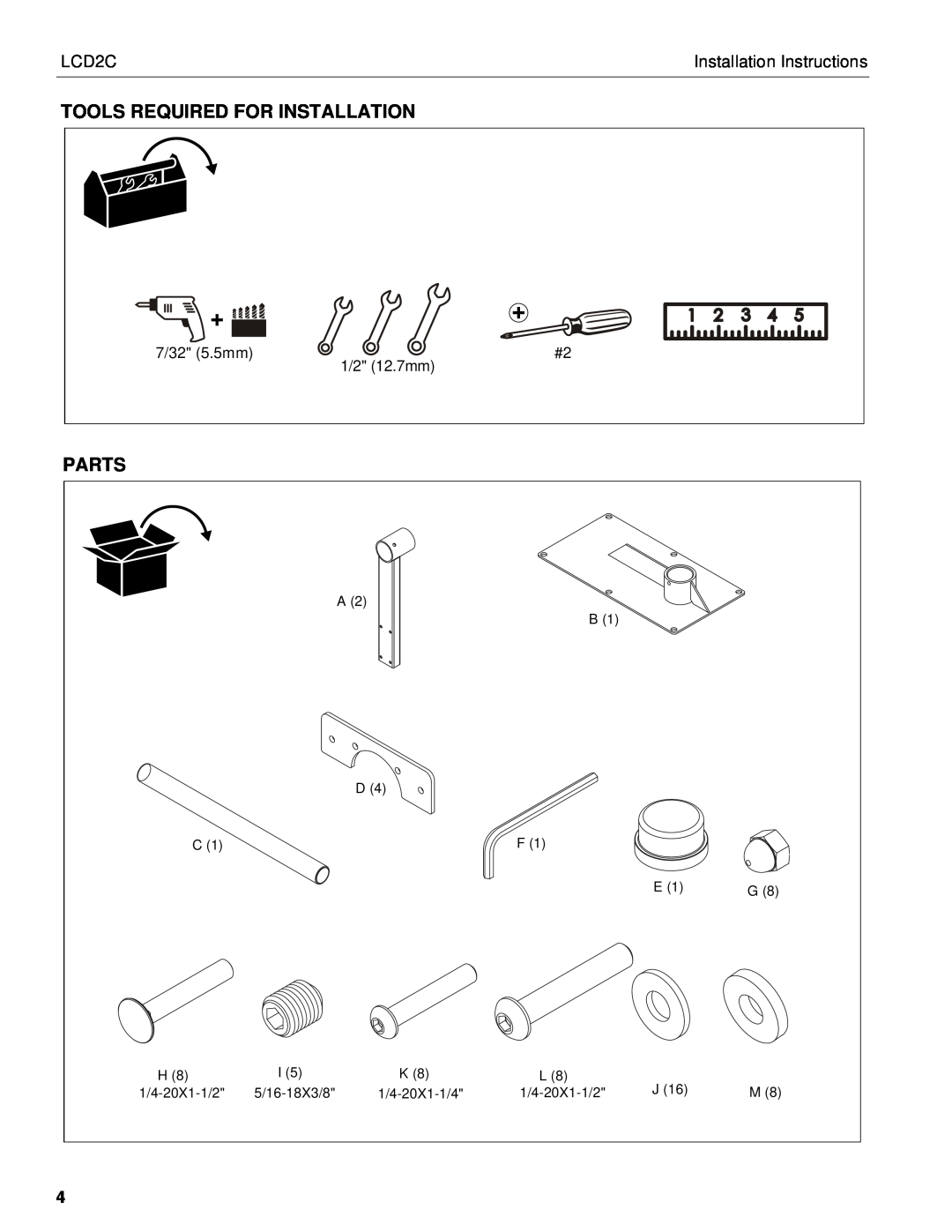 Chief Manufacturing LCD2C Tools Required For Installation, Parts, Installation Instructions, 7/32 5.5mm, 1/2 12.7mm 