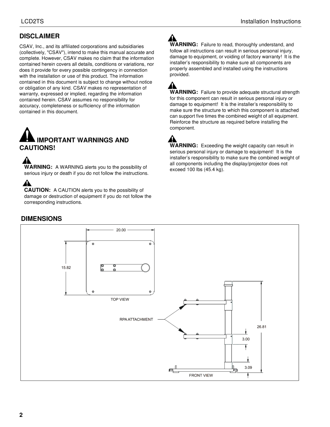 Chief Manufacturing LCD2TS installation instructions Disclaimer, Important Warnings and Cautions Dimensions 