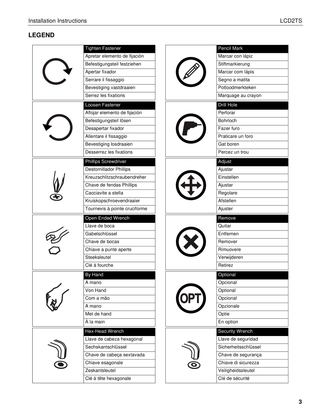 Chief Manufacturing LCD2TS installation instructions Open-Ended Wrench 