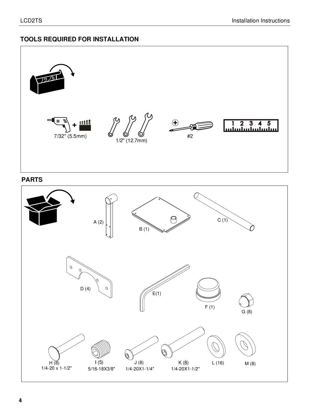 Chief Manufacturing LCD2TS installation instructions Tools Required for Installation, Parts 