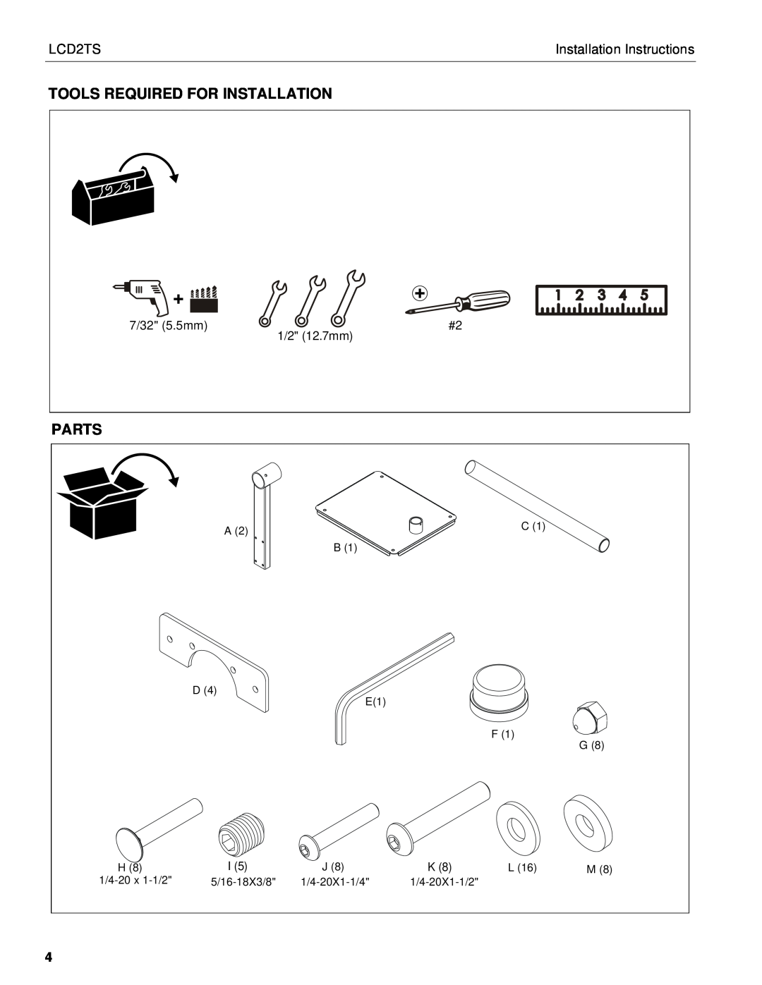 Chief Manufacturing LCD2TS Tools Required For Installation, Parts, Installation Instructions, 7/32 5.5mm 