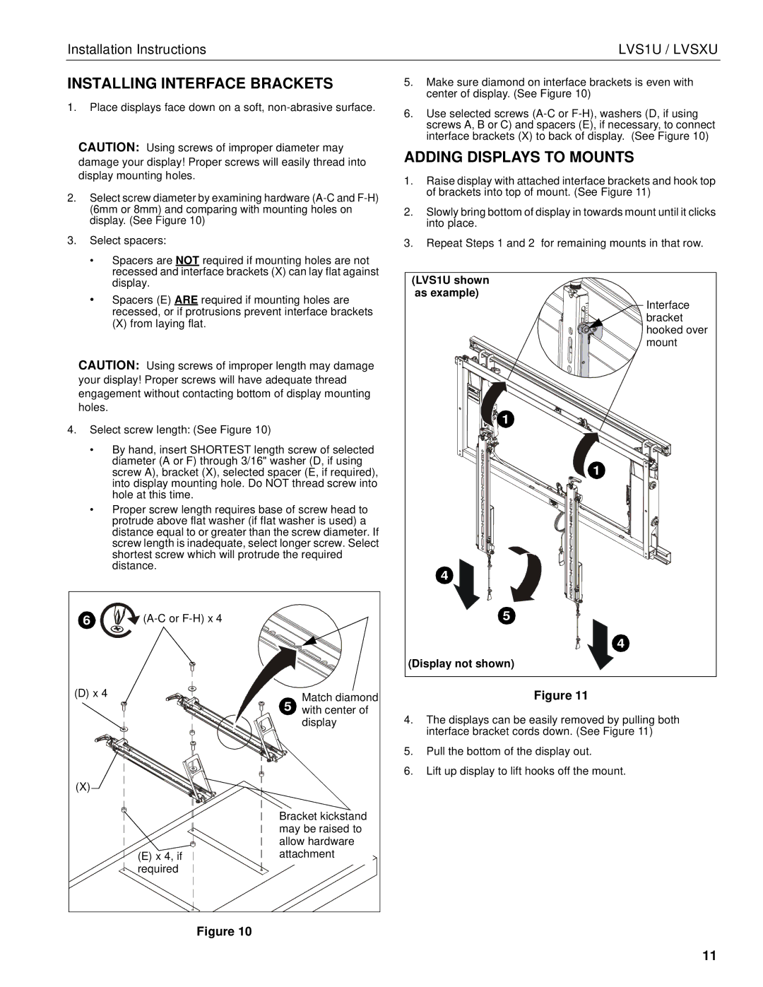 Chief Manufacturing LVS1U / LVSXU manual Installing Interface Brackets, Adding Displays to Mounts 