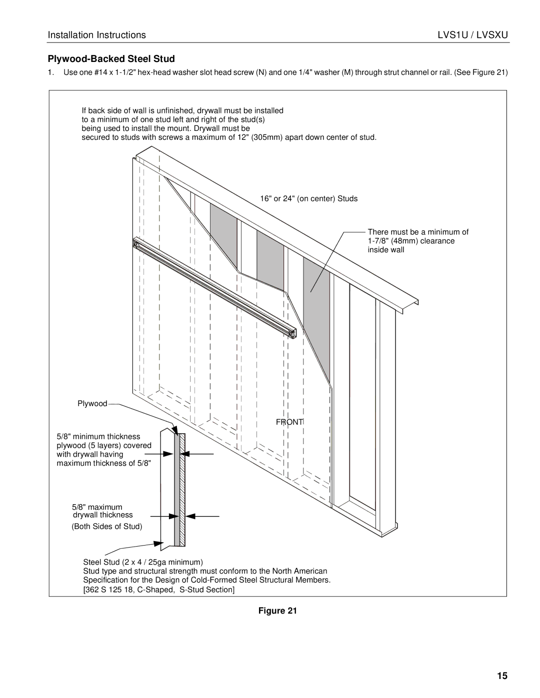 Chief Manufacturing LVS1U / LVSXU manual Plywood-Backed Steel Stud, Front 