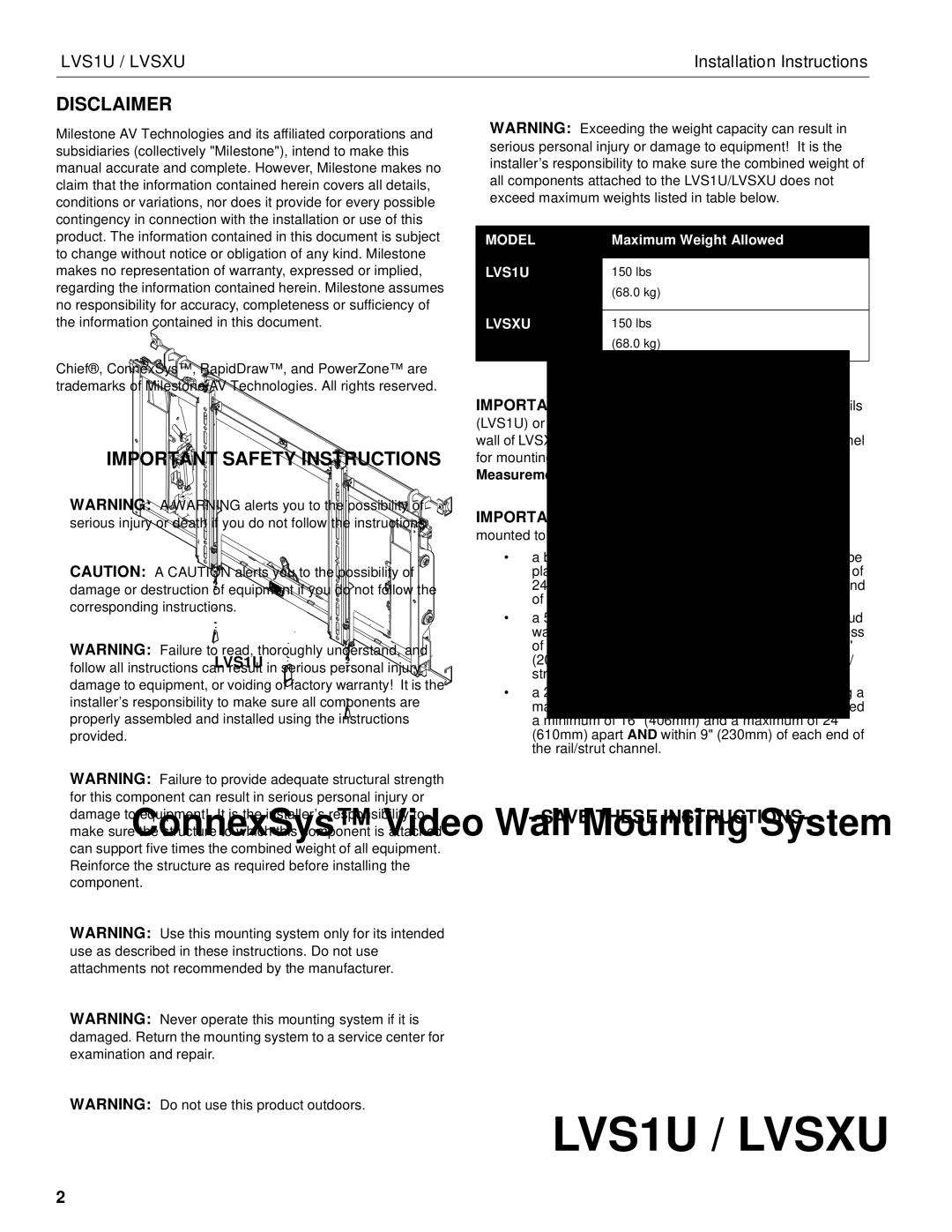 Chief Manufacturing LVS1U / LVSXU manual Disclaimer, Important Safety Instructions 