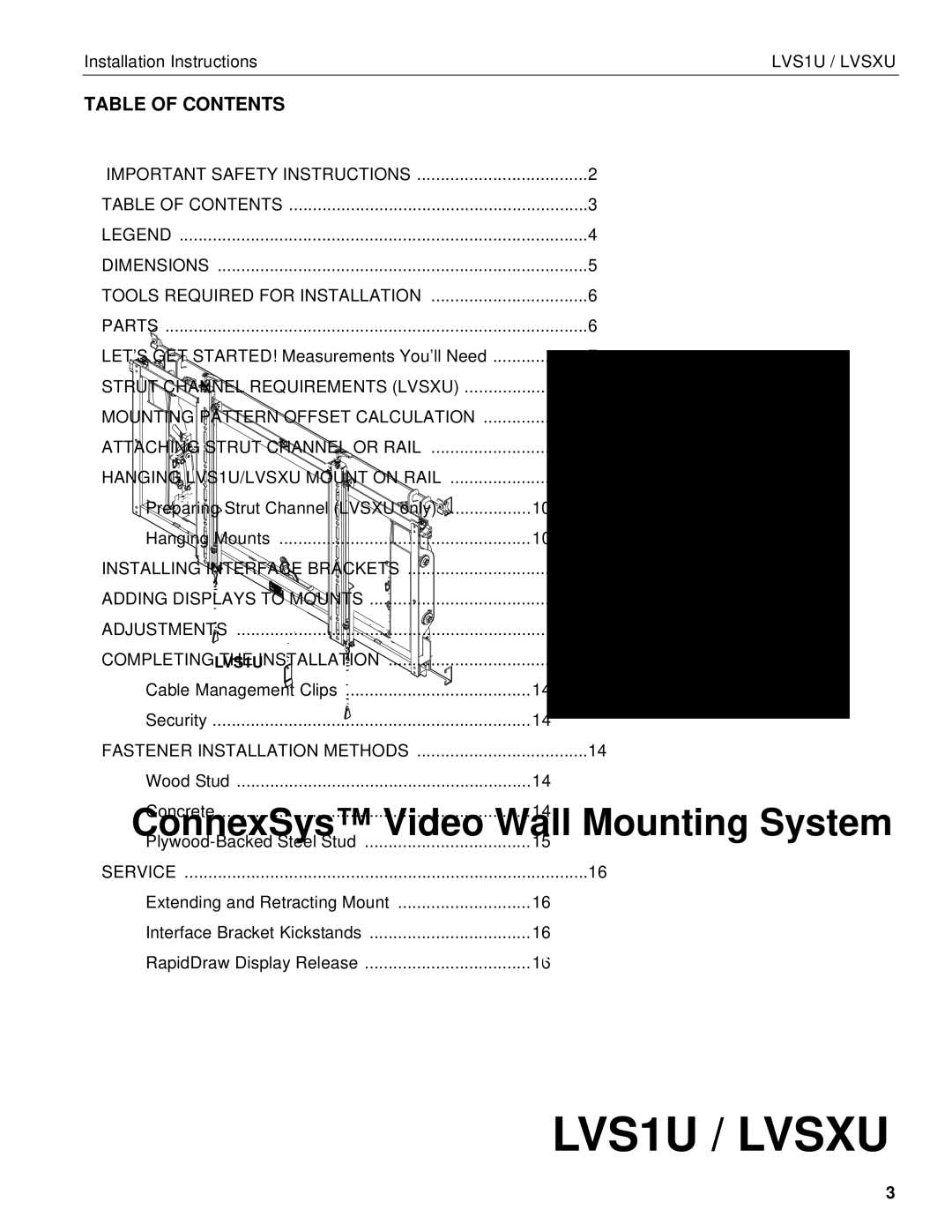 Chief Manufacturing LVS1U / LVSXU manual Table of Contents 