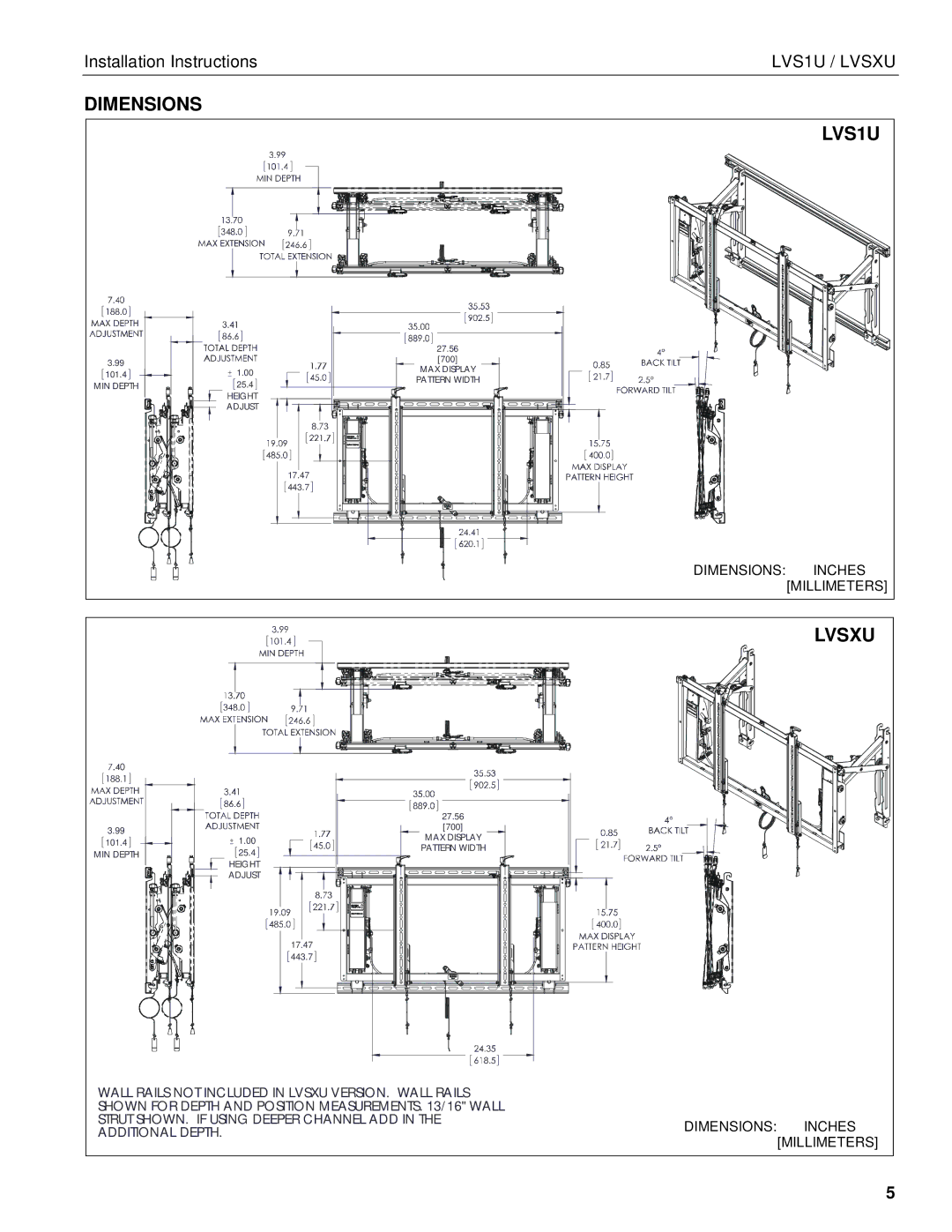 Chief Manufacturing LVS1U / LVSXU manual Dimensions LVS1U 