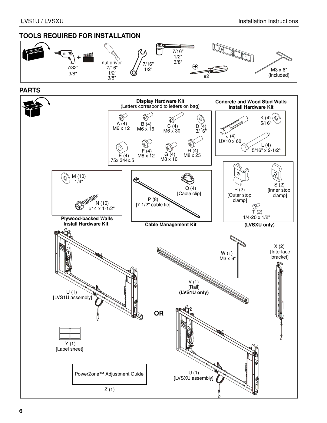 Chief Manufacturing LVS1U / LVSXU manual Tools Required for Installation, Parts 