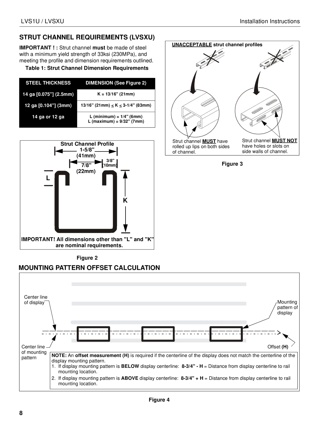 Chief Manufacturing LVS1U / LVSXU manual Strut Channel Requirements Lvsxu, Mounting Pattern Offset Calculation 